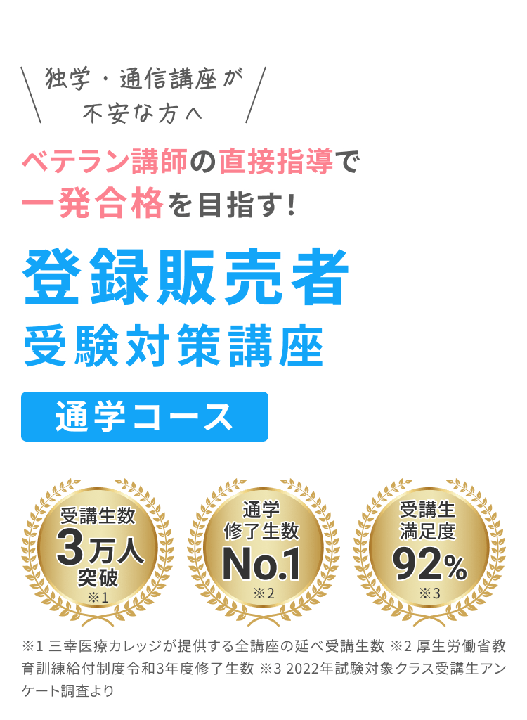 独学・通信講座が不安な方へ　ベテラン講師の直接指導で一発合格を目指す！　登録販売者受験対策講座　通学コース　受講生数3万人突破※1　通学修了生数No.1※2　受講生満足度92%※3　※1 三幸医療カレッジが提供する全講座の延べ受講生数　※2 厚生労働省教育訓練給付制度令和3年度修了生数　※3 2022年試験対象クラス受講生アンケート調査より