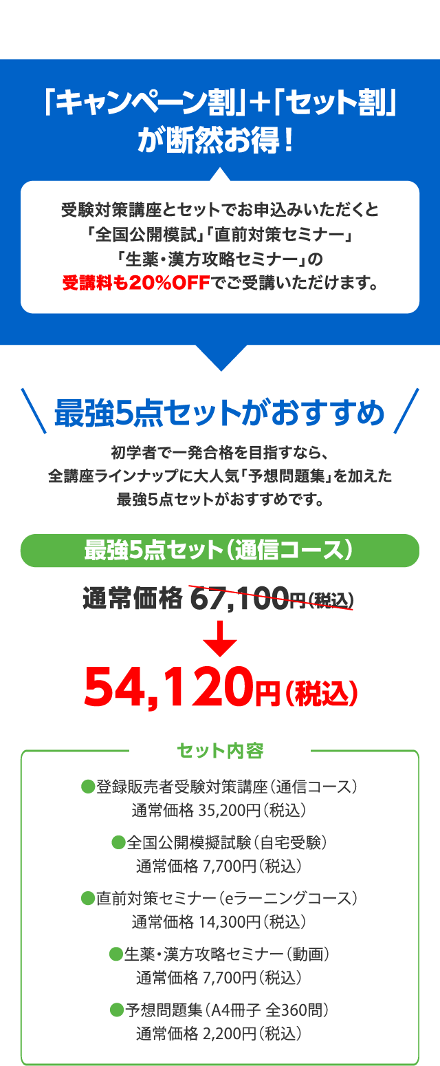 「キャンペーン」+「セット割」が断然お得！最強5点セット（通信コース）